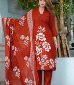 Beautiful jaipuri rust orange cotton straight-fit kurta set with a white floral print.