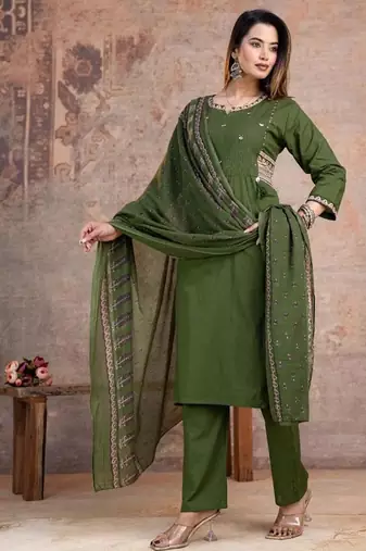 Beautiful jaipuri a green embroidered kurta suit set with a matching dupatta and trousers.