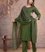 Beautiful jaipuri a green embroidered kurta suit set with a matching dupatta and trousers.