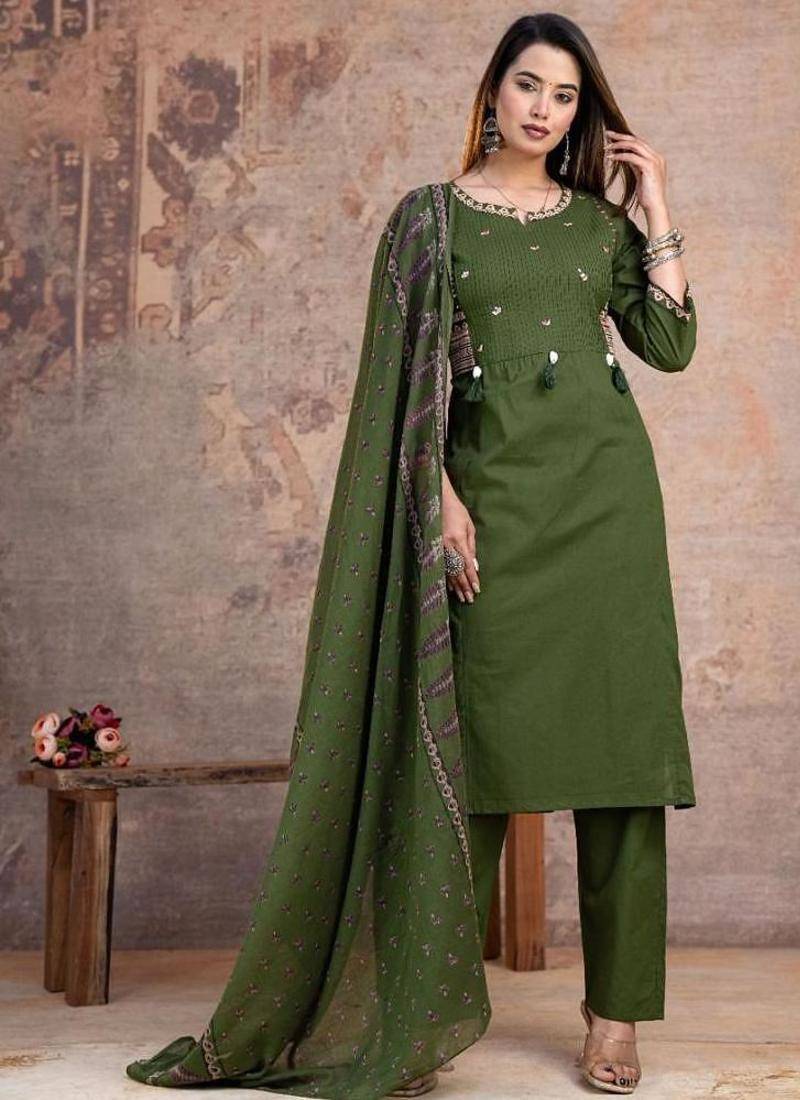 Beautiful jaipuri a green embroidered kurta suit set with a matching dupatta and trousers.