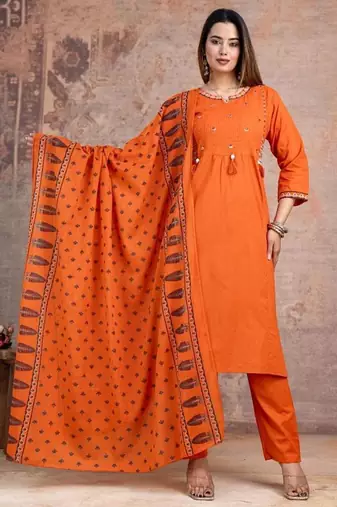 Beautiful jaipuri a orange embroidered kurta suit set with a matching dupatta and trousers.