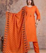 Beautiful jaipuri a orange embroidered kurta suit set with a matching dupatta and trousers.