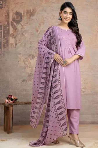 Beautiful jaipuri a lavender ethnic printed cotton kurta set with a dupatta.
