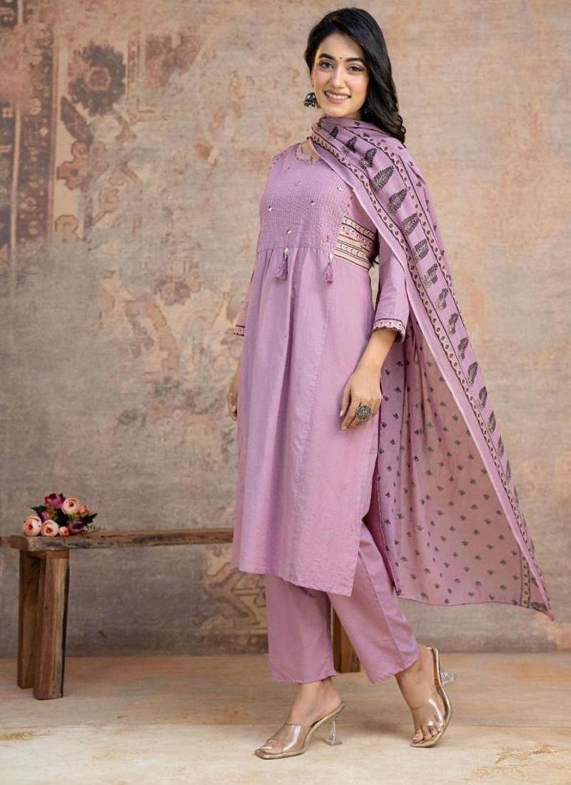 Beautiful jaipuri a lavender ethnic printed cotton kurta set with a dupatta.