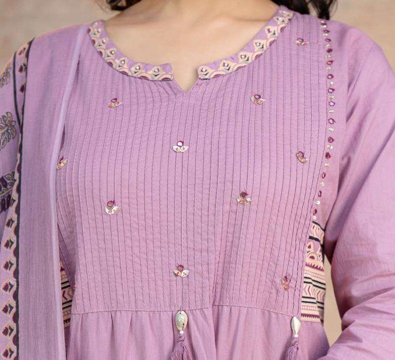 Beautiful jaipuri a lavender ethnic printed cotton kurta set with a dupatta.