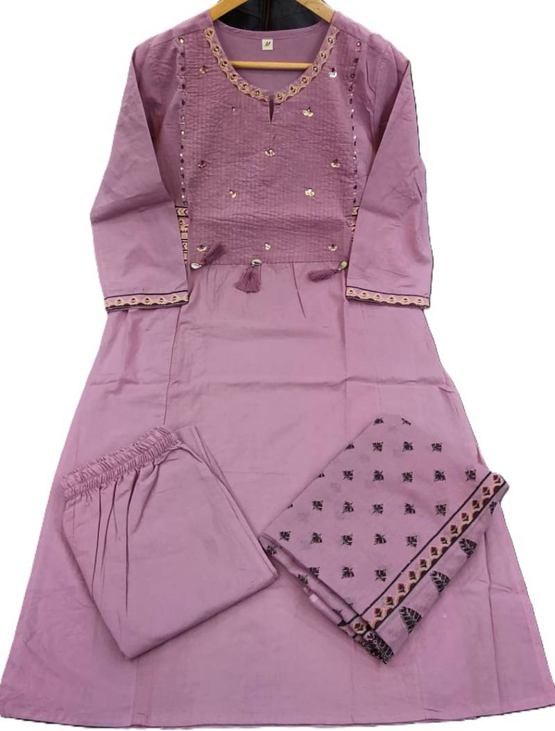 Beautiful jaipuri a lavender ethnic printed cotton kurta set with a dupatta.
