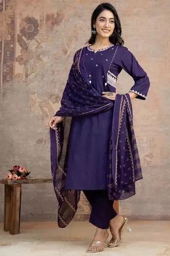 Beautiful jaipuri a purple ethnic printed cotton kurta set with a dupatta