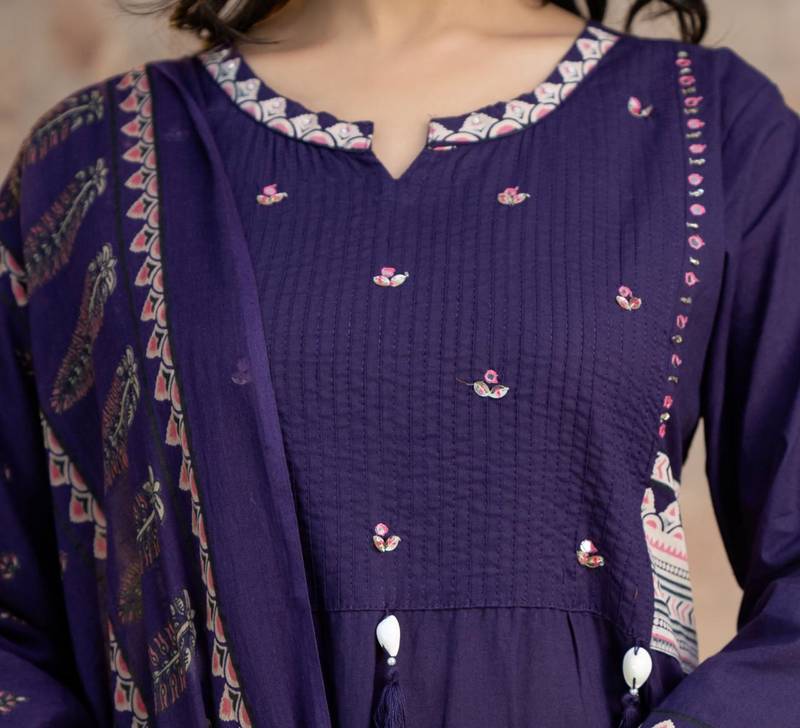 Beautiful jaipuri a purple ethnic printed cotton kurta set with a dupatta.