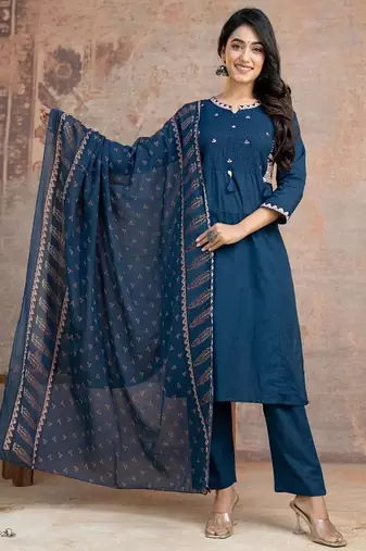Beautiful jaipuri a blue ethnic printed cotton kurta set with a dupatta.