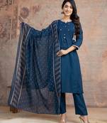 Beautiful jaipuri a blue ethnic printed cotton kurta set with a dupatta.