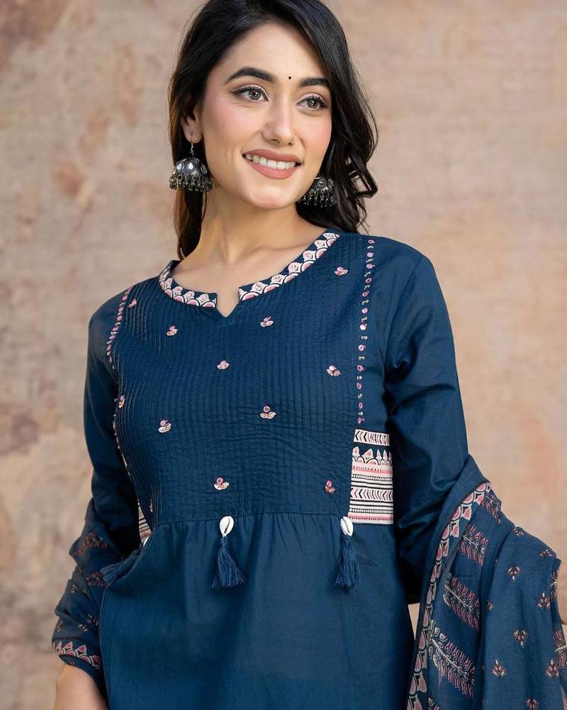 Beautiful jaipuri a blue ethnic printed cotton kurta set with a dupatta.