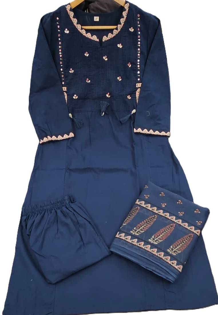 Beautiful jaipuri a blue ethnic printed cotton kurta set with a dupatta.