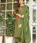 Beautiful jaipuri a green cotton kurta, pant, and dupatta set with floral applique designs and orange piping.
