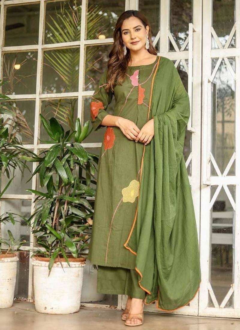 Beautiful jaipuri a green cotton kurta, pant, and dupatta set with floral applique designs and orange piping.
