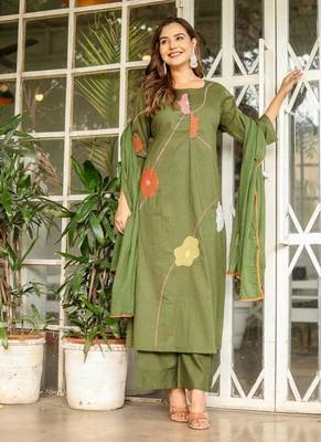 Beautiful jaipuri a green cotton kurta, pant, and dupatta set with floral applique designs and orange piping 2