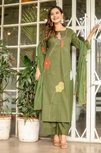 Beautiful jaipuri a green cotton kurta, pant, and dupatta set with floral applique designs and orange piping