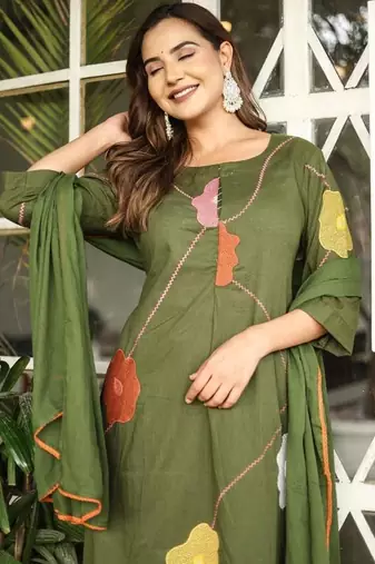 Beautiful jaipuri a green cotton kurta, pant, and dupatta set with floral applique designs and orange piping