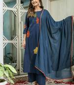 Beautiful jaipuri a navy blue cotton kurta, pant, and dupatta set with floral applique designs and orange piping.