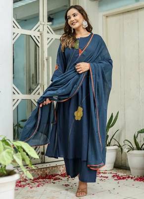 Beautiful jaipuri a navy blue cotton kurta, pant, and dupatta set with floral applique designs and orange piping 2