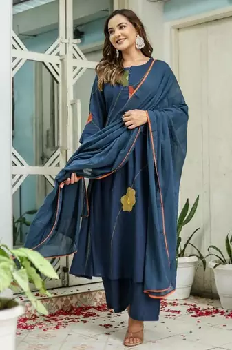 Beautiful jaipuri a navy blue cotton kurta, pant, and dupatta set with floral applique designs and orange piping