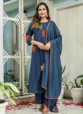 Beautiful jaipuri a navy blue cotton kurta, pant, and dupatta set with floral applique designs and orange piping 3