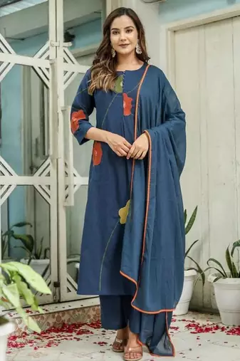 Beautiful jaipuri a navy blue cotton kurta, pant, and dupatta set with floral applique designs and orange piping