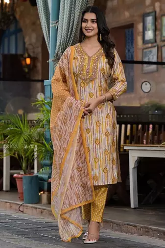 Beautiful jaipuri a yellow and white printed indian kurta set with a matching dupatta and pants