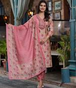 Beautiful jaipuri a pink and white printed indian kurta set with a matching dupatta and pants.