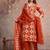 Beautiful jaipuri a rust orange cotton kurta, pant, and dupatta set with floral applique designs and orange piping.