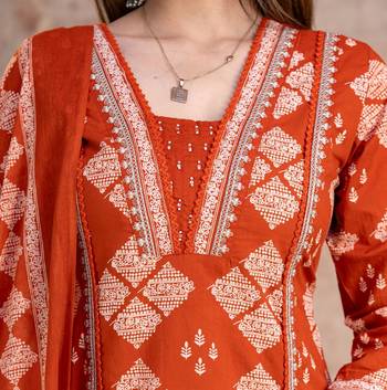 Beautiful jaipuri a rust orange cotton kurta, pant, and dupatta set with floral applique designs and orange piping 4