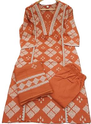 Beautiful jaipuri a rust orange cotton kurta, pant, and dupatta set with floral applique designs and orange piping 5