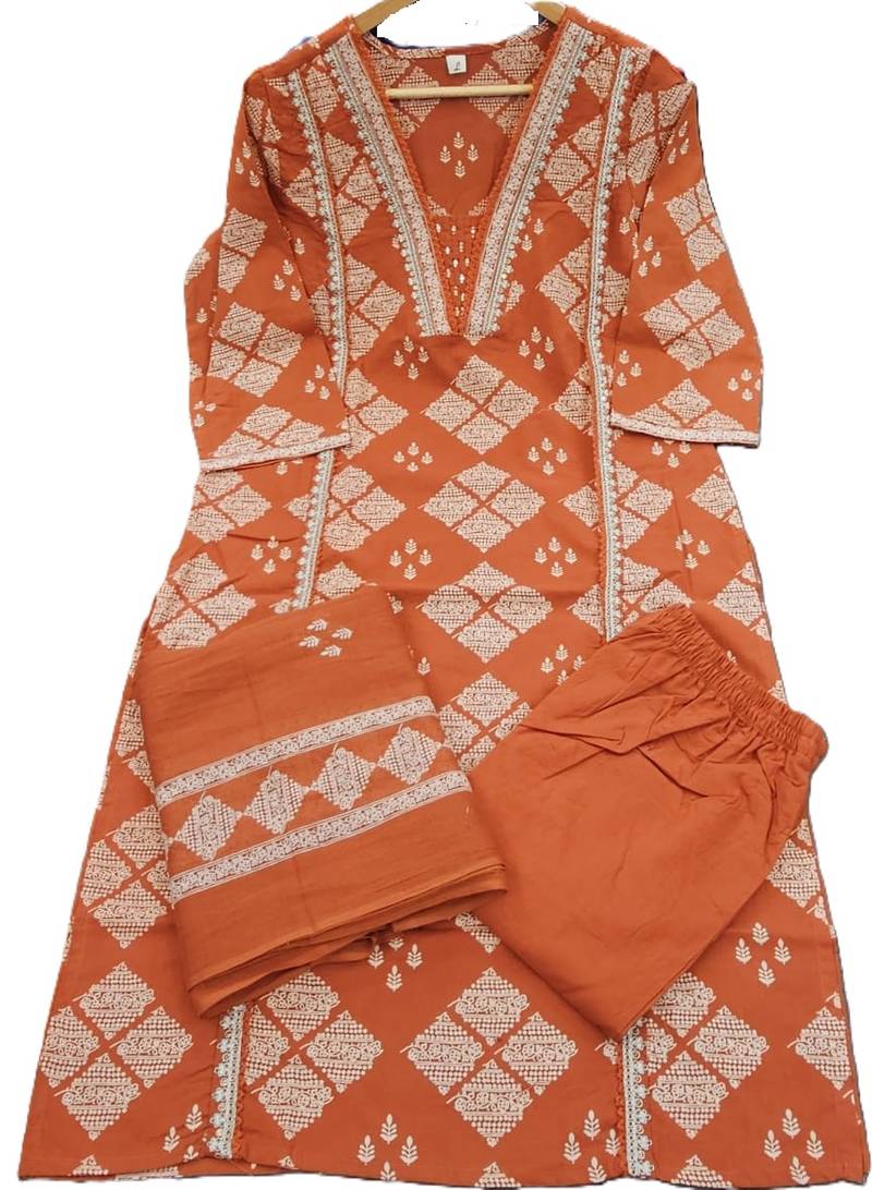 Beautiful jaipuri a rust orange cotton kurta, pant, and dupatta set with floral applique designs and orange piping.