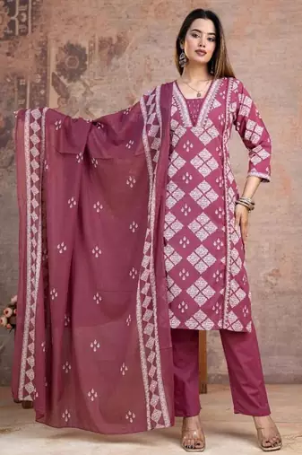 Beautiful jaipuri a magenta-colored women's ethnic wear kurta set with a geometric print.