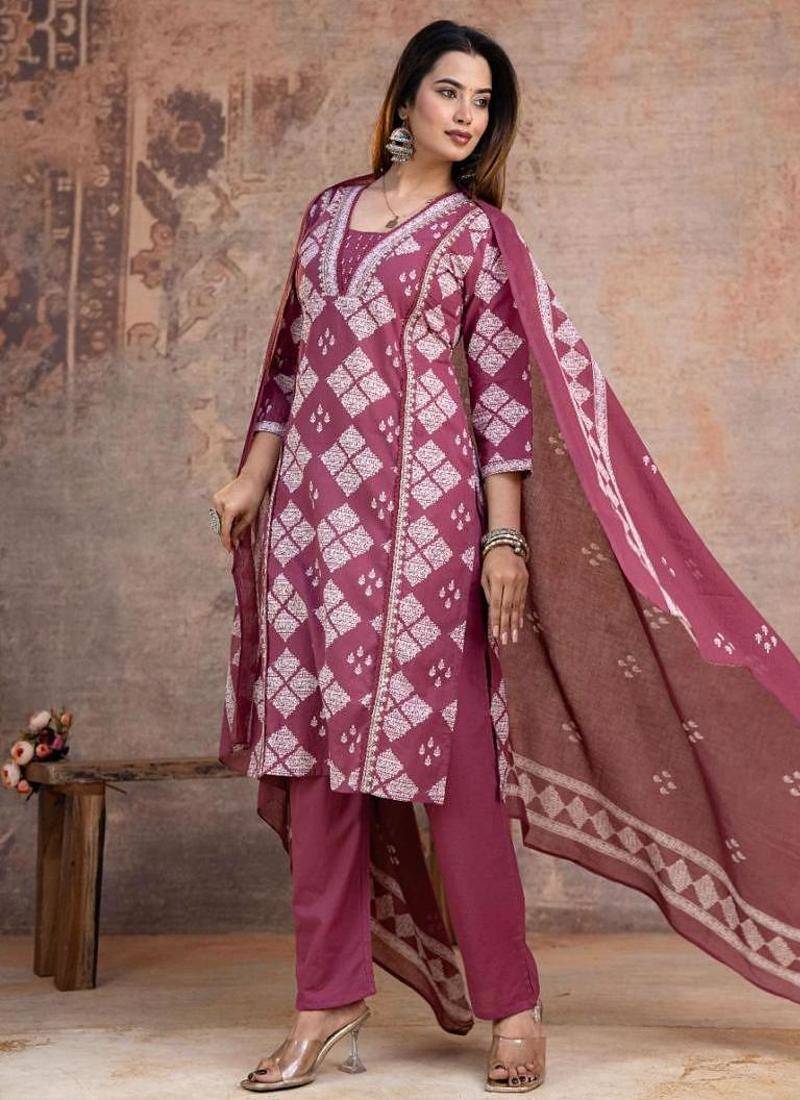 Beautiful jaipuri a magenta-colored women's ethnic wear kurta set with a geometric print.