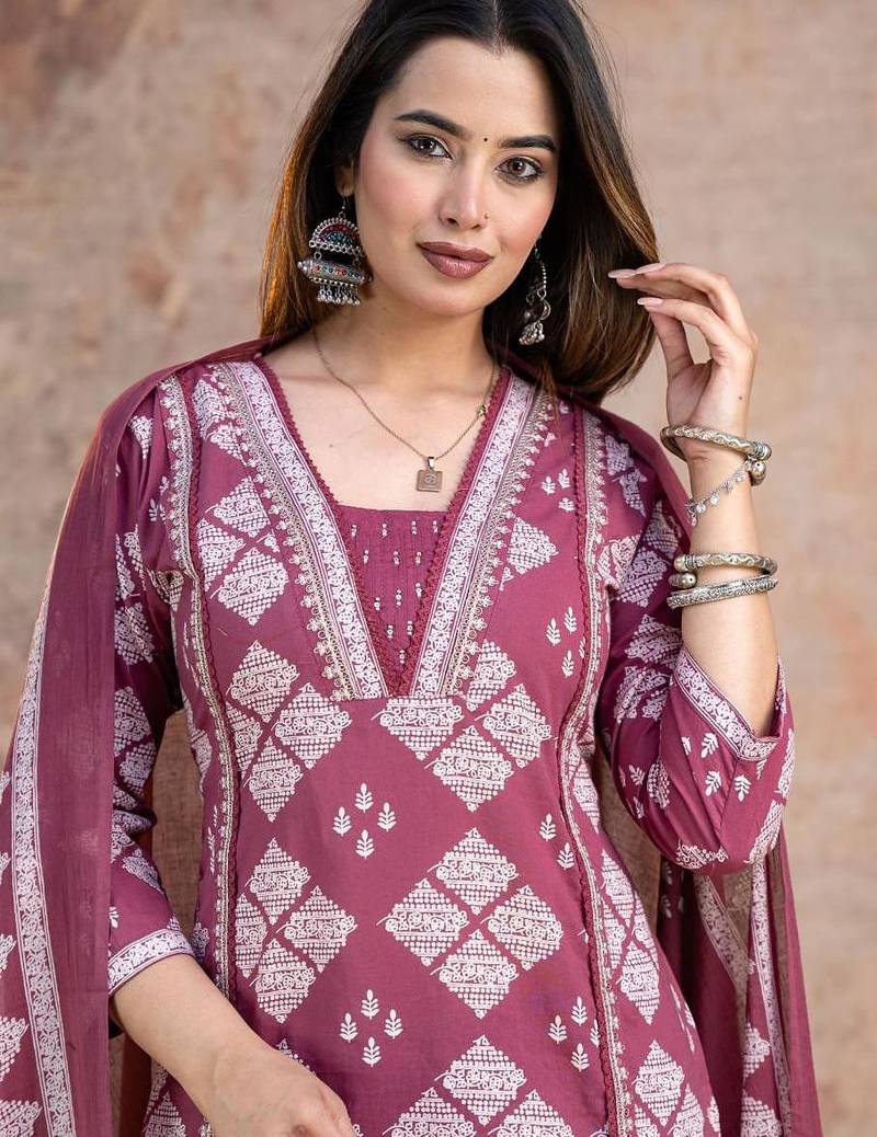 Beautiful jaipuri a magenta-colored women's ethnic wear kurta set with a geometric print.