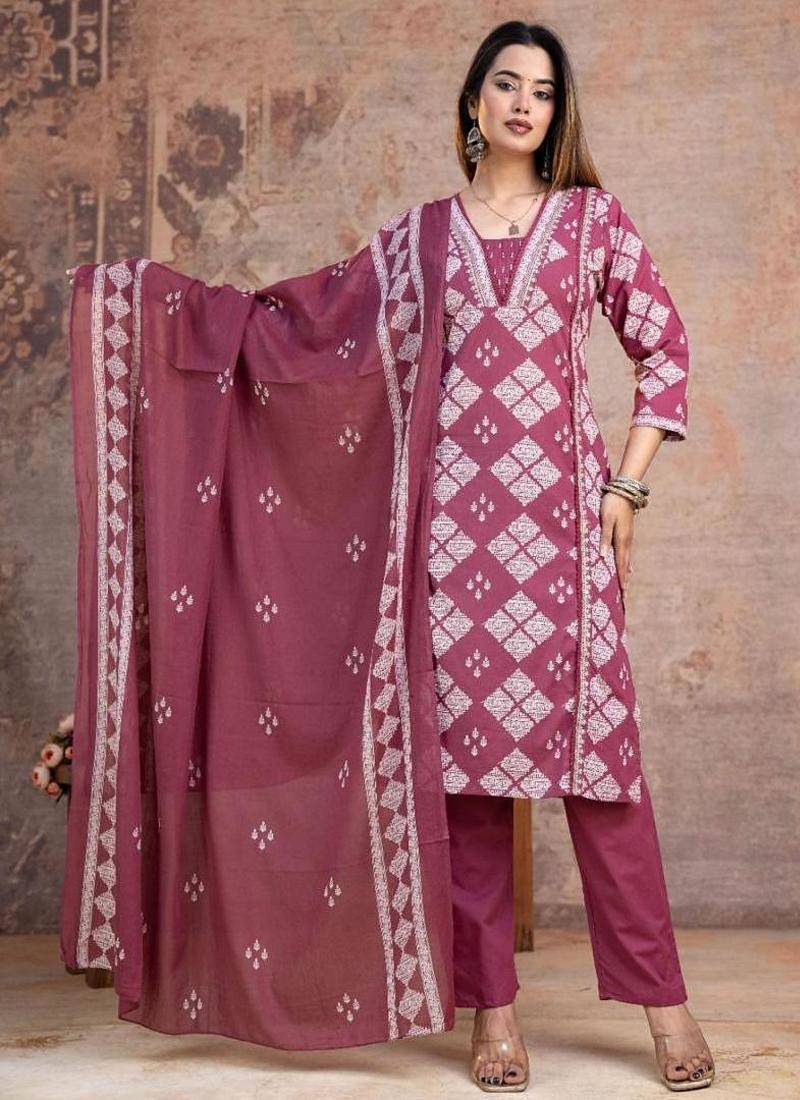 Beautiful jaipuri a magenta-colored women's ethnic wear kurta set with a geometric print.