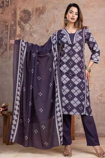 Beautiful jaipuri a purple-colored women's ethnic wear kurta set with a geometric print.