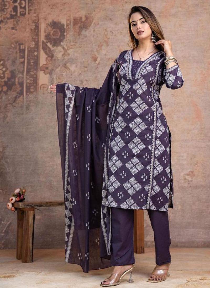 Beautiful jaipuri a purple-colored women's ethnic wear kurta set with a geometric print.