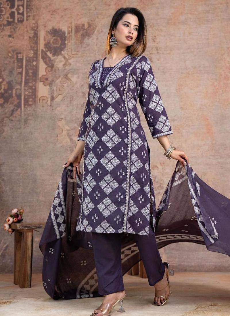 Beautiful jaipuri a purple-colored women's ethnic wear kurta set with a geometric print.