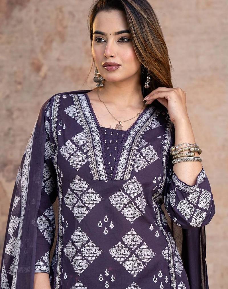 Beautiful jaipuri a purple-colored women's ethnic wear kurta set with a geometric print.