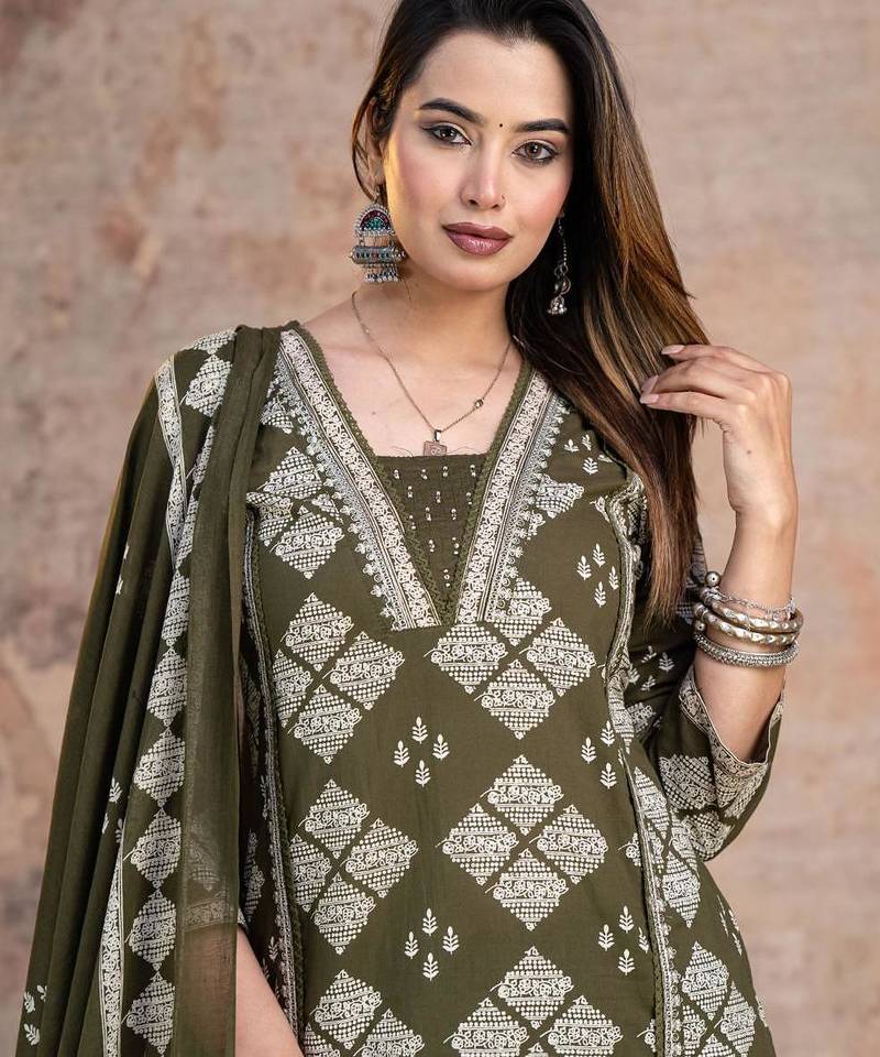 Beautiful jaipuri a green-colored women's ethnic wear kurta set with a geometric print.