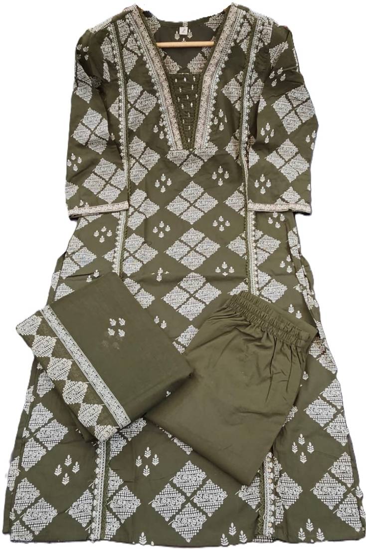 Beautiful jaipuri a green-colored women's ethnic wear kurta set with a geometric print.