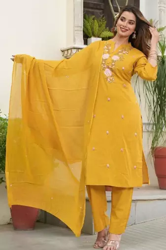 Beautiful jaipuri a mustard yellow-colored women's ethnic wear kurta set with a geometric print.