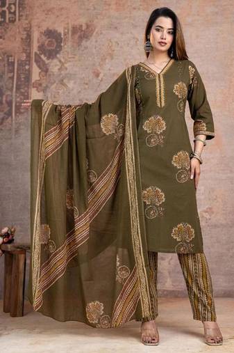 Beautiful jaipuri a women's olive green cotton printed kurti set with a dupatta.