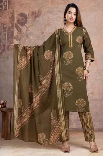 Beautiful jaipuri a women's olive green cotton printed kurti set with a dupatta.