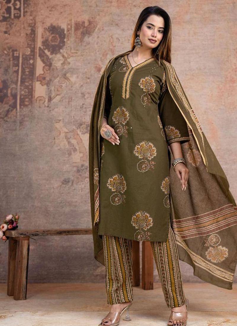 Beautiful jaipuri a women's olive green cotton printed kurti set with a dupatta.