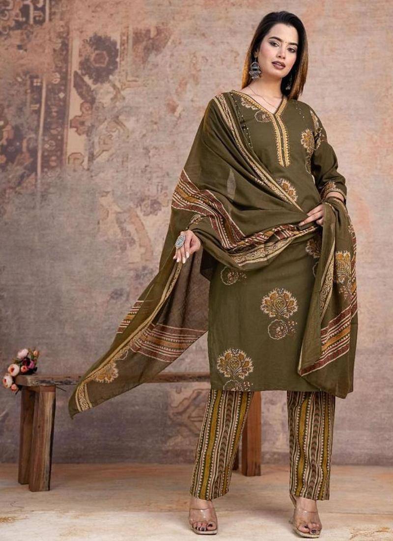 Beautiful jaipuri a women's olive green cotton printed kurti set with a dupatta.