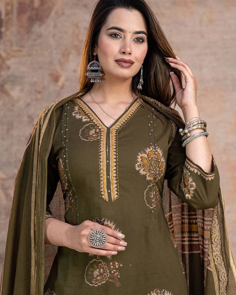 Beautiful jaipuri a women's olive green cotton printed kurti set with a dupatta.