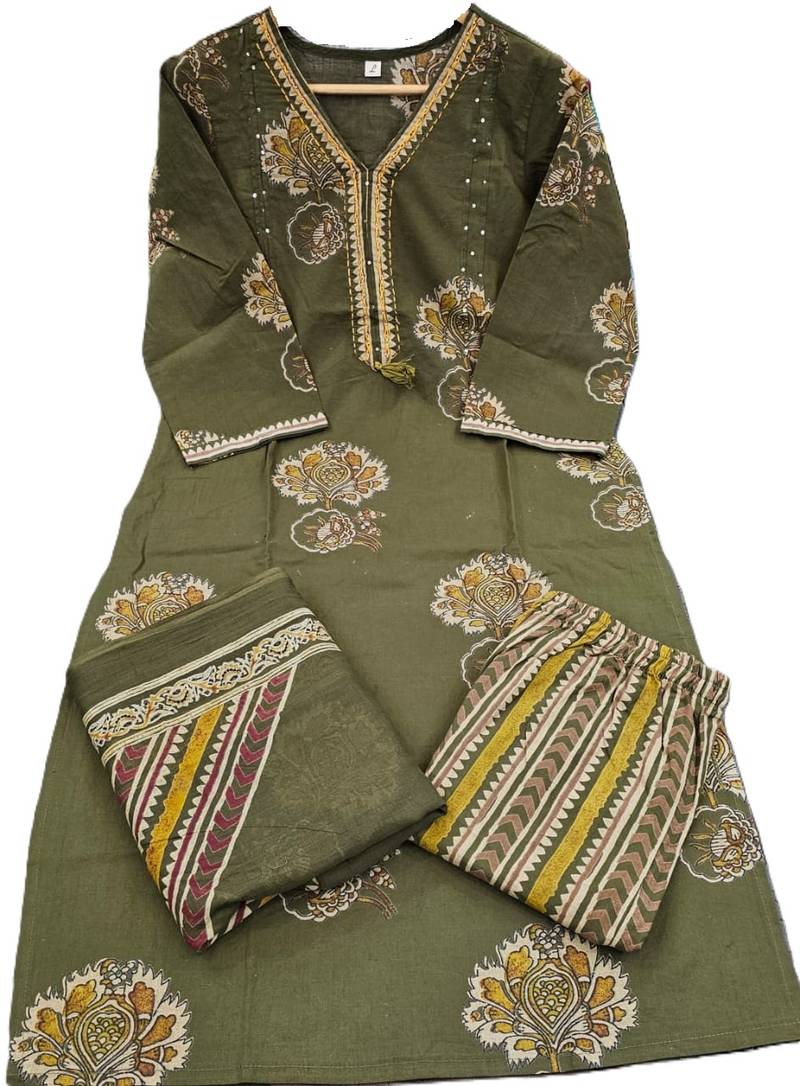 Beautiful jaipuri a women's olive green cotton printed kurti set with a dupatta.