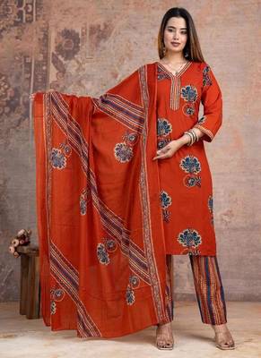 Beautiful jaipuri a women's olive green cotton printed kurti set with a dupatta 1